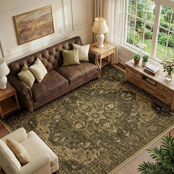 Area Rugs 6'x9' Washable Non-Slip, Floral Vintage Distress Print Pattern Medallion Carpet for Living Room Bedroom Dining Room, Brown Dark Brown