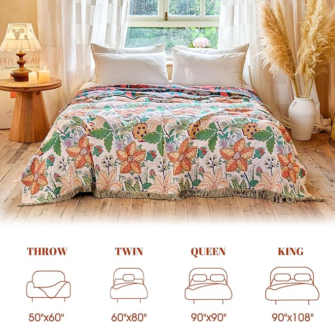 MSGKV Boho Throw Blanket for Couch Chair 100% Cotton Embroidery Floral Blanket 50"x60" Sofa Blankets for All Seasons Lightweight Farmhouse Muslin Spring Breathable Bed Blankets Home Decor