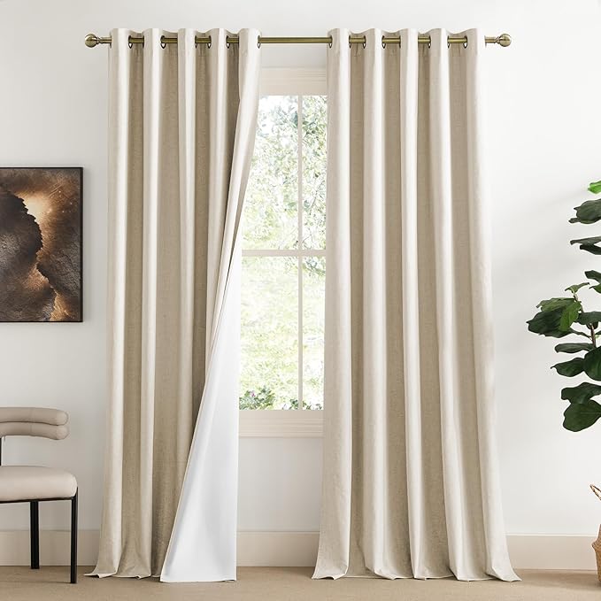 NICETOWN 100% Absolutely Blackout Linen Curtains with Thermal Insulated White Liner, Beige, W62, 2 Pieces, Noise Reducing Textured Linen Look Curtains for Windows 120 inch Length for Classroom