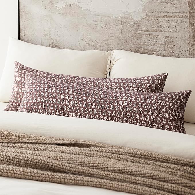 Foindtower Set of 2 Decorative Vintage Long Lumbar Throw Pillow Covers Neutral Modern Farmhouse Cushion Covers Floral Home Decor for Sofa Couch Chair Bedroom Living Room,14×36 Inch,Wine Red