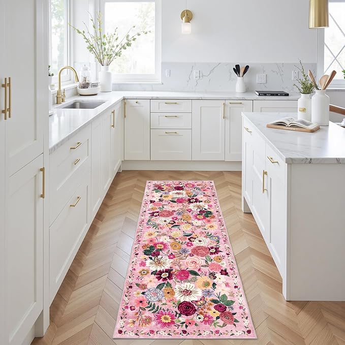 Pink Rug for Hallways Kitchen Rug 2x6, Non Slip Washable Rugs with Rubber Backing Soft Floral Carpet Runner for Hallways, Kitchen, Laundry, Bedroom, Bathroom (Pink Garden, 2 x 6)