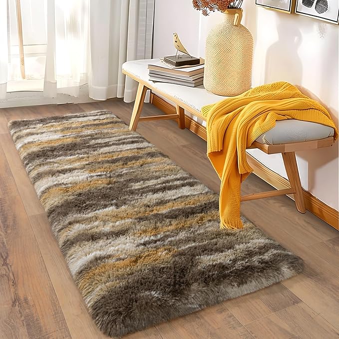 Soft Runner Rugs for Bedroom Hallways, 2x6 Abstract Brown Fluffy Shag Throw Area Rug Non Slip for Bedside Dorm, Long Shaggy Furry Carpet for Nursery Living Room