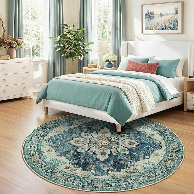 Area Rugs 7ft Washable Non-Slip, Floral Vintage Distress Print Pattern Medallion Carpet for Living Room Bedroom Dining Room, Dark Blue Vintage