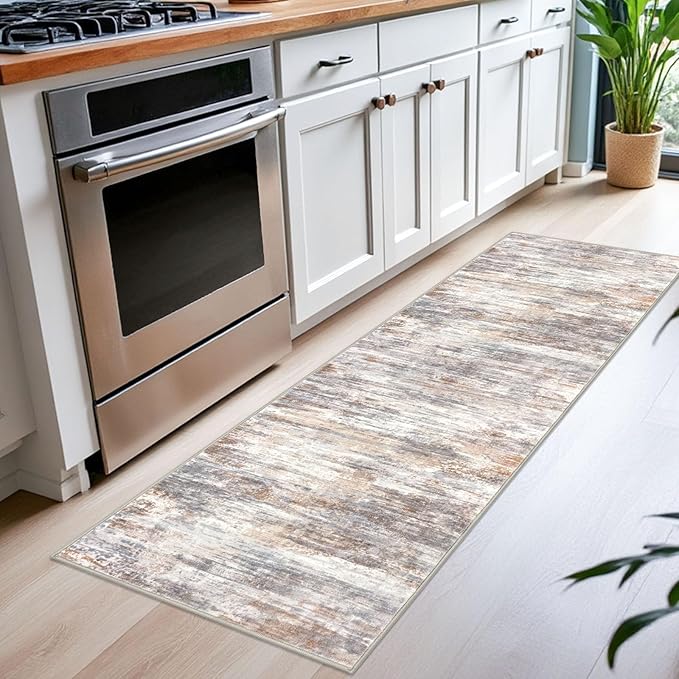 KOZYFLY 2x6 Washable Runner Rug for Hallways & High-Traffic Areas - Non-Slip Kitchen & Entryway Runner, Multi Grey/Orange Abstract Modern Low-Pile Carpet, Perfect for Bathroom