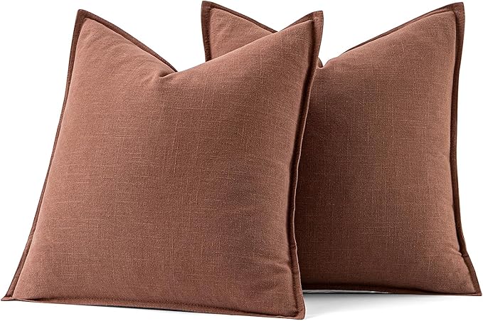 MIULEE Decorative Linen Euro Sham Pillow Covers 24x24 Rust Red Boho Farmhouse Neutral Couch Throw Pillows for Bed Pack of 2 Accent Modern Pillowcase Sofa Livingroom Home Decor
