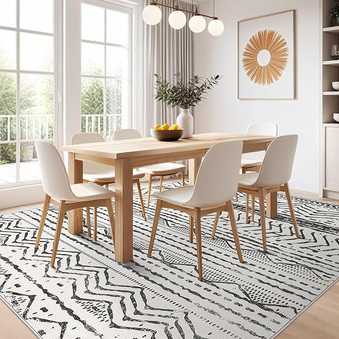 Nakagishi Area Rug Living Room Rugs: 6X9 Machine Washable Boho Large Neutral Farmhouse Stain Resistant Moroccan Indoor Floor Carpet for Bedroom Nursery Dorm Dining Room Home-Ivory Black