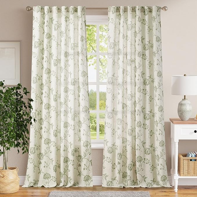 jinchan Linen Curtains Floral Curtains 96 Inch Length for Living Room Bedroom Light Filtering Rod Pocket Back Tab Farmhouse Curtains Flax Linen Texture Window Drapes Set 2 Panels Green on Linen