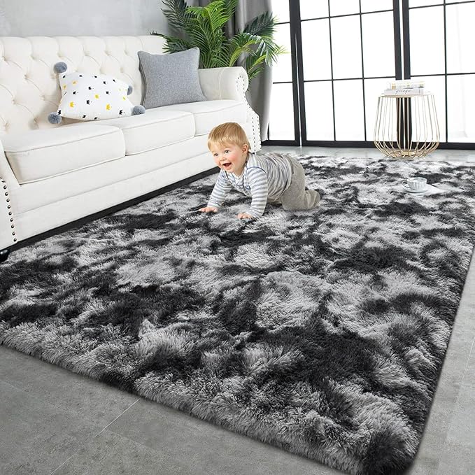 TWINNIS Super Soft Shaggy Rugs Fluffy Carpets 8x10 Feet, Indoor Modern Plush Area Rugs for Living Room Bedroom Kids Room Nursery Home Decor, Upgrade Anti-Skid Fuzzy Rug, Black and Grey