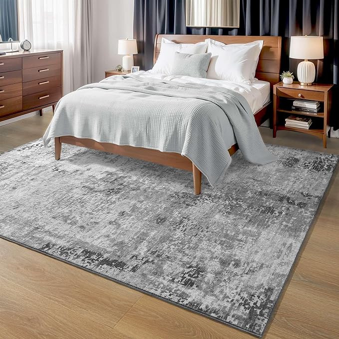 Living Room Rug 5x7 Gray Area Rug Machine Washable Boho Rug Non Slip Abstract Vintage Indoor Large Rugs for Bedroom, Classroom, College Dorm, Farmhouse, Dining Room, Kids Playroom