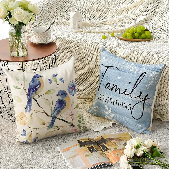 AVOIN colorlife Spring Saying Flowers Butterfly Bird Throw Pillow Covers, 18 x 18 Inch Home Sweet Home Blue Cushion Case for Sofa Couch Set of 4