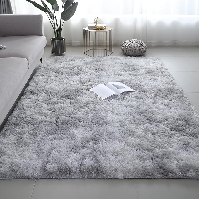 Shag Area Rugs for Bedroom Living Room,5X8 Ultra Soft Fluffy Area Rugs for Dorm, Indoor Carpet Nursery Rugs for Kids Room Home Decor,Tie-Dye Grey