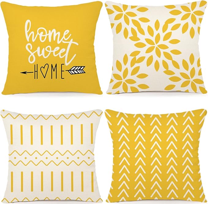 YCOLL Pillow Covers 18x18 Set of 4, Modern Sofa Throw Pillow Cover, Decorative Home Outdoor Linen Fabric Geometric Pillow Case for Couch Bed Car, Yellow