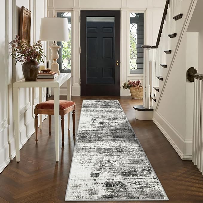 2'6''x8' Runner Rugs Washable Rug: Modern Abstract Hallway Runner Rug Indoor Soft Low Pile Thin Carpet Anti-Skid Non-Shedding Carpets for Kitchen, Entryway, Laundry, Bedroom - Black Grey