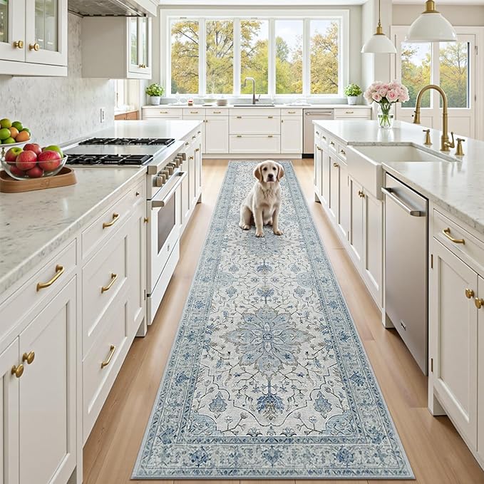 Area Rugs 2'x10' Washable Non-Slip, Floral Vintage Distress Print Pattern Medallion Carpet for Living Room Bedroom Dining Room, Light Blue Navy Beige Gray White