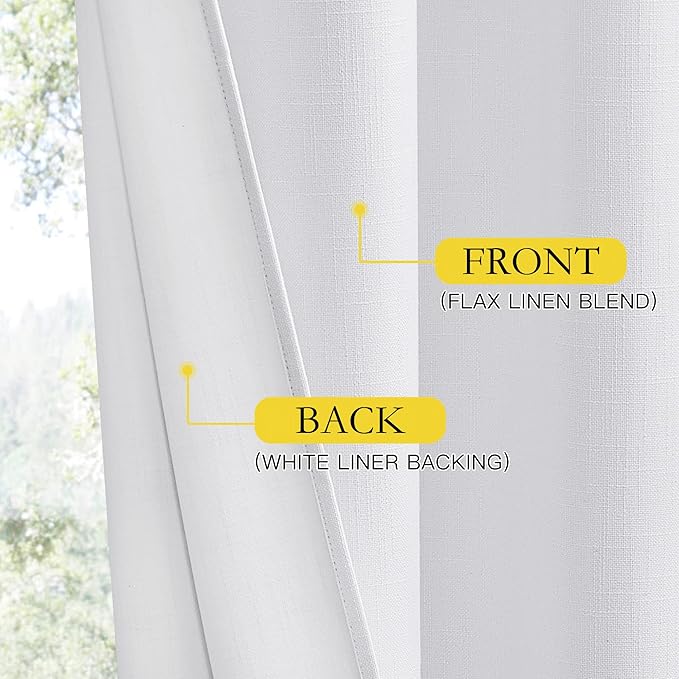 NICETOWN 100% Absolutely Blackout Linen Curtains with Thermal Insulated White Liner, White, 52 inches Wide, 90 inches Length Energy Saving Curtains for Living Room 2 Panels Set, Vertical Blinds