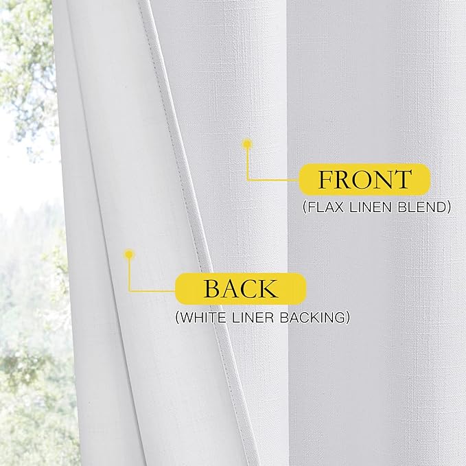 NICETOWN 100% Absolutely Blackout Linen Curtains with Thermal Insulated White Liner, White, W62, 2 Pieces, Noise Reducing Textured Linen Look Curtains for Windows 95 inch Length for Classroom
