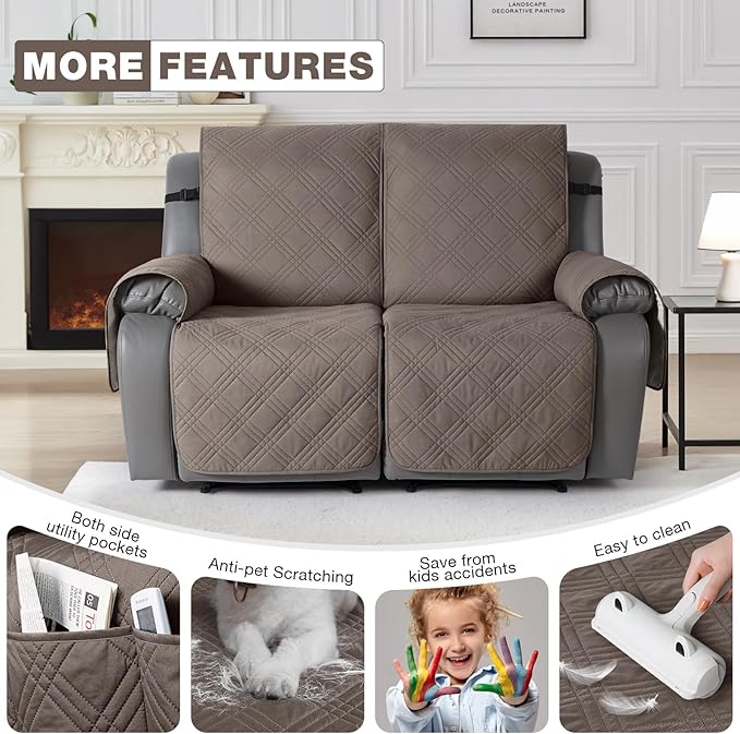 TAOCOCO 100% Waterproof Recliner Loveseat Cover Non Slip Couch Cover for 2 Seat Reclining Sofa, Split Reclining Loveseat Covers 2-Piece with Straps for Kids Pets(2 Seater, Taupe)
