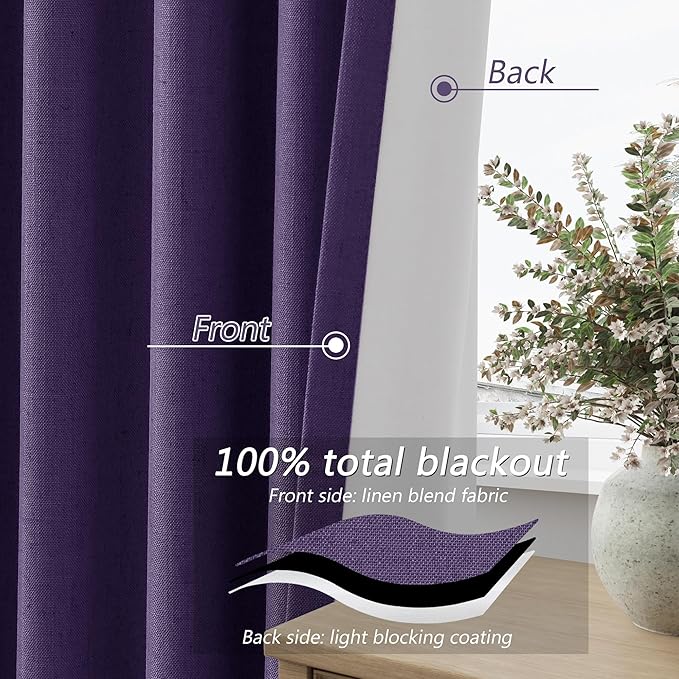 Guken New Purple 100% Blackout Linen Curtains 96 Inch Length 2 Panels Set for Living Room Bedroom Back Tab/Rod Pocket Thermal Insulated Farmhouse Black Out Drapes Room Darkening,52x96