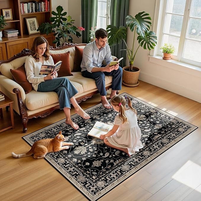 Area Rugs 4'x6' Washable Non-Slip, Floral Vintage Distress Print Pattern Medallion Carpet for Living Room Bedroom Dining Room, Black Brown Neutral Dark Tan