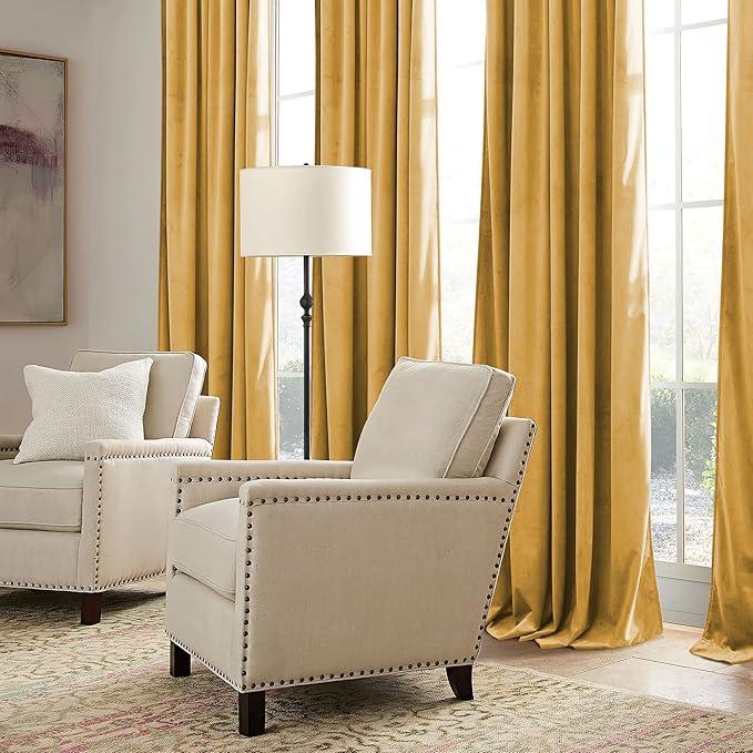RYB HOME Mustard Yellow Velvet Curtains 84 inches, Back Tab Soft Fabric Room Darkening Thermal Insulated Luxurious Home Decor Curtains for Living Room Bedroom, W 52" x L 84", 2 Panels Set