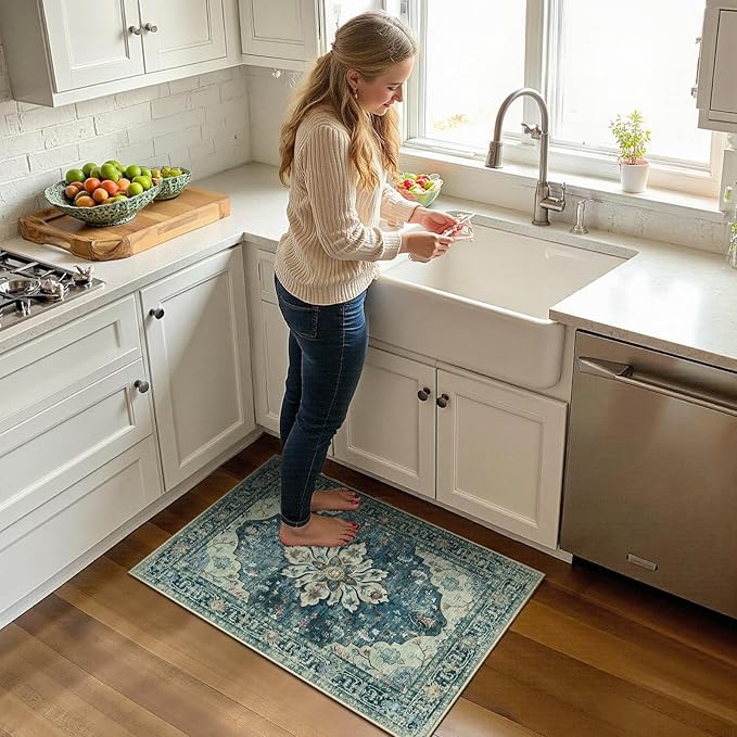 Area Rugs 2'x3' Kitchen Rugs Entry Rug Small Rugs for Entryway Kitchen Bathroom Door Mat Indoor Entrance,Washable Non Slip, Dark Blue Vintage