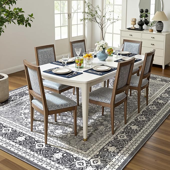Lofus 9x12 Area Rugs for Living Room, Machine Washable Non-Slip Area Rug, Low Pile Large Rugs for Bedroom, Kitchen, Dining Room, Home Office, Vintage Oriental Print Rug, Light Grey with White