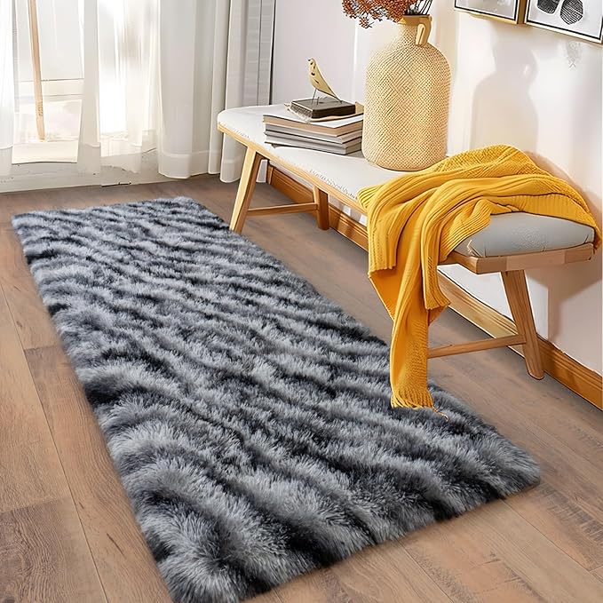 Soft Runner Rugs for Bedroom Hallways, 2x6 Black and White Fluffy Shag Throw Area Rug Non Slip for Bedside Dorm, Long Shaggy Furry Carpet for Nursery Living Room