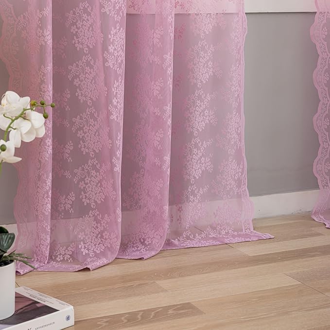 YJ YANJUN Vintage Lace Curtains 84 Inches Long-Victorian Floral Pattern Lalic Sheer Curtain Panels for Living Room Bedroom,Light Filtering, Cute Girls Drapes 2 Panels 52W x 84L Purple Blush