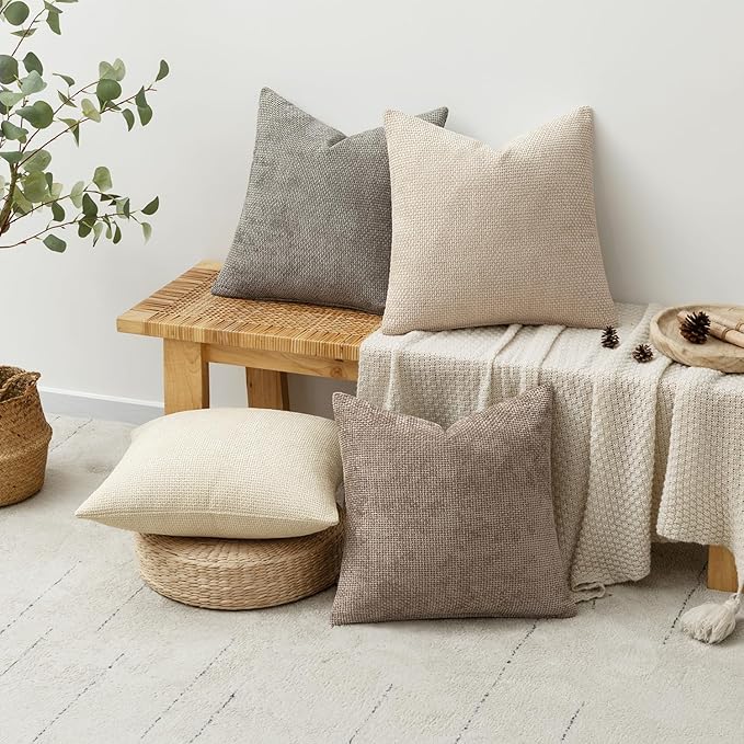 MIULEE Pack of 4 Couch Throw Pillow Covers 18x18 Inch Neutral Beige/Brown Soft Decorative Chenille Pillow Covers Farmhouse Accent Cushion Covers for Boho Spring Home Decor Sofa Bedroom Living Room
