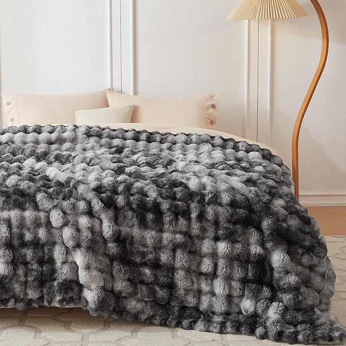 COOVA Faux Fur Throw Blanket for Couch, Cozy Soft and Fuzzy Plush Rabbit Fur Bubble Blanket for Sofa Bedroom Living Room, 60x80 Inches Tie Dye Light Grey