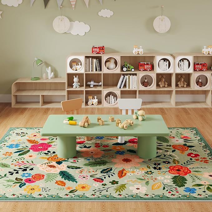 Rugcomf Living Room Rug 5x7 Rug Machine Washable Boho Area Rug Non Slip Floral Vintage Low Pile Large Rugs for Living Room, Bedroom, Farmhouse, Dining Room, Kids Playroom(Green)