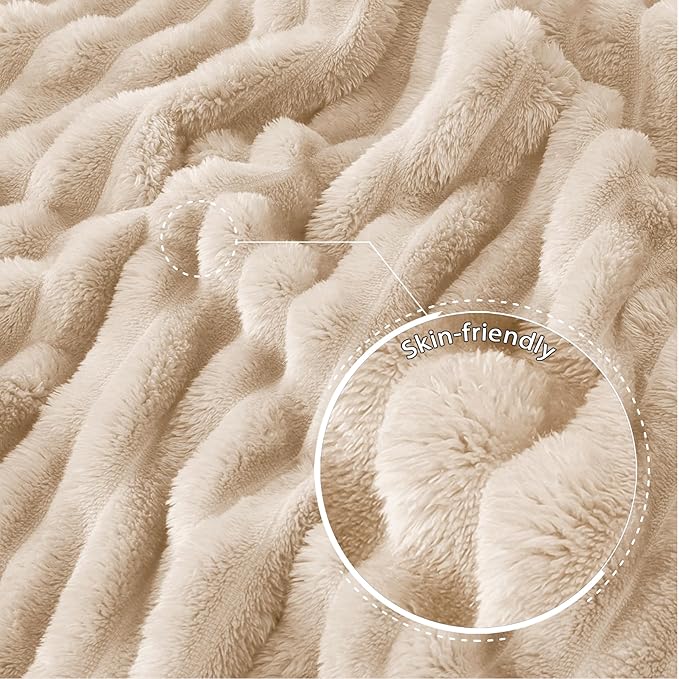 Exclusivo Mezcla Twin Size Flannel Fleece Blanket, Super Soft Striped Jacquard Bed Blanket, Lightweight Fuzzy Cozy for All Seasons, 60x80 Inches, Beige