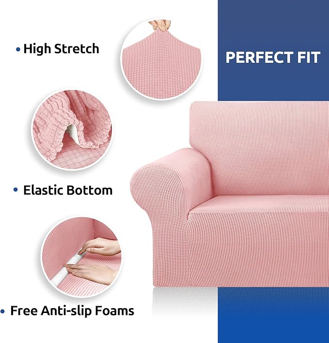 KEKUOU Stretch Sofa Cover Slipcover ，Couch Covers for 3 Cushion Couch Sofa pet Friendly (78"-94") Furniture Protector Sofa with Elastic Bottom for Kids,Dog, Jacquard Small Checked(Large,Dusty Pink)