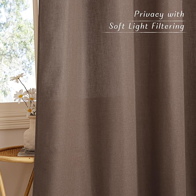 NICETOWN Linen Brown Curtains 96 inch Long, Grommet Privacy Added Thick Flax Window Treatments with Light Filtering Drapes for Bedroom/Farmhouse, W55 x L96, 2 Panels