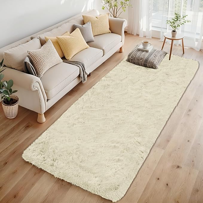 2x6 Runner Rug for Bedroom: Fluffy Shag Soft Washable Rugs Small Fuzzy Plush Indoor Carpet for Hallway Bedside Dorm Kids Girls Boys Room (Cream White, 2'x6')