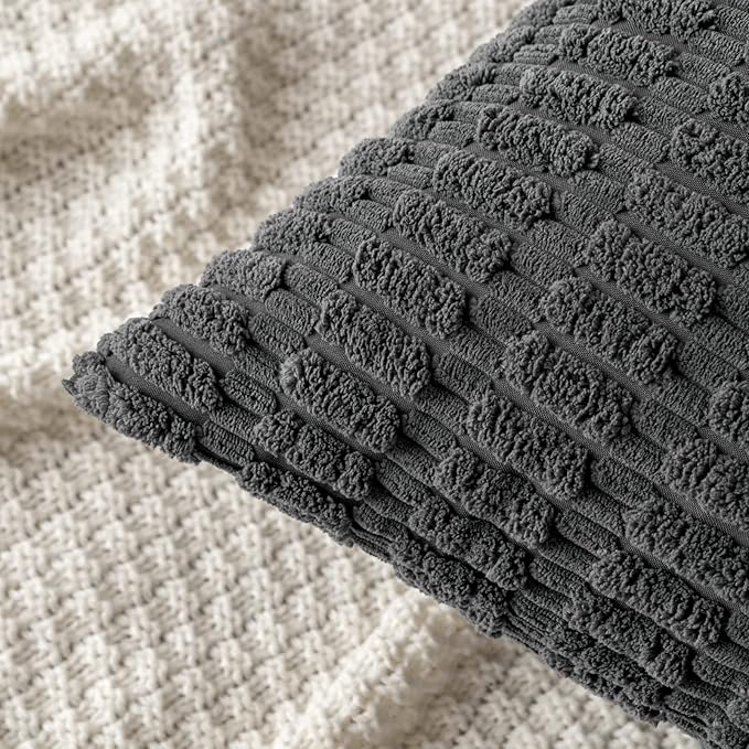 MIULEE Pack of 2 Corduroy Decorative Lumbar Throw Pillow Covers 20x12 Inch Soft Boho Striped Pillow Covers Modern Farmhouse Home Decor for Sofa Living Room Couch Bed Dark Grey