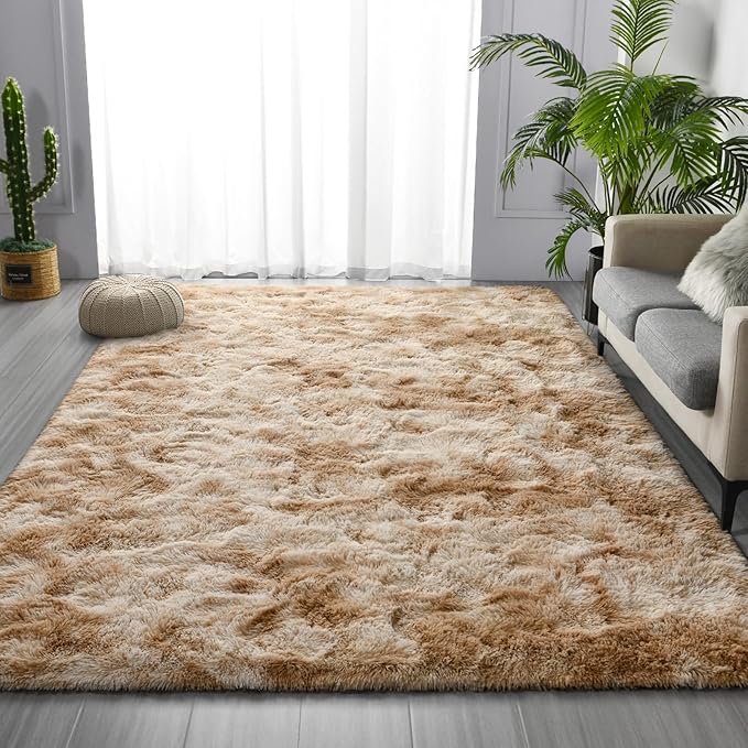 Deerhoo Large Shag Area Rugs 8 x 10, Tie-Dyed Plush Fuzzy Rugs for Living Room, Ultra Soft Fluffy Furry Rug for Bedroom, Indoor Carpet Nursery Rugs for Kids Room Home Decor, Beige