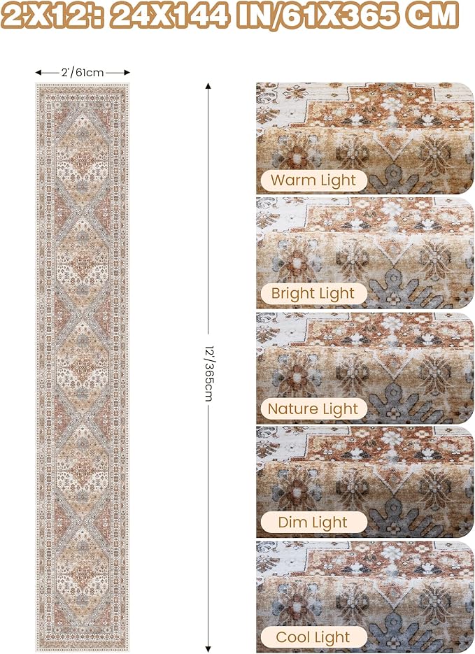 Hallway Runner Rug 2x12, Extra Long Washable Runner Rugs with Rubber Backing, Non Slip Runner, Vintage Rug Runners for Kitchen Laundry Room Entryway (Orange,2'x12')
