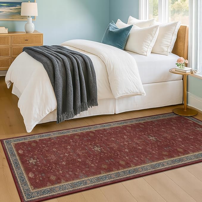 2x6 Turkish Kitchen Runner Rugs Non Skid Washable - Washable Rug for Hallway, Bedroom Bedside, Bathroom, Laundry Room, Hallway, Non Slip with Rubber Backing, Oriental Dark Red Kitchen Accessories