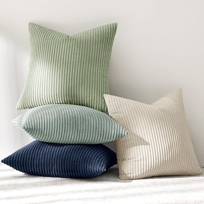 MIULEE Boho Farmhouse Muted Teal Throw Pillow Covers 18x18 Inch Set of 4 Mordern Nordic Cushion Covers Soft Corduroy Spring Home Decor for Couch Bed Sofa Living Room