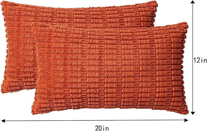 Pack of 2 Corduroy Decorative Throw Pillow Covers 12x20 InchSoft Boho Striped Pillow Covers Modern Farmhouse Home Decor for Sofa Living Room Couch Bed（Rust）