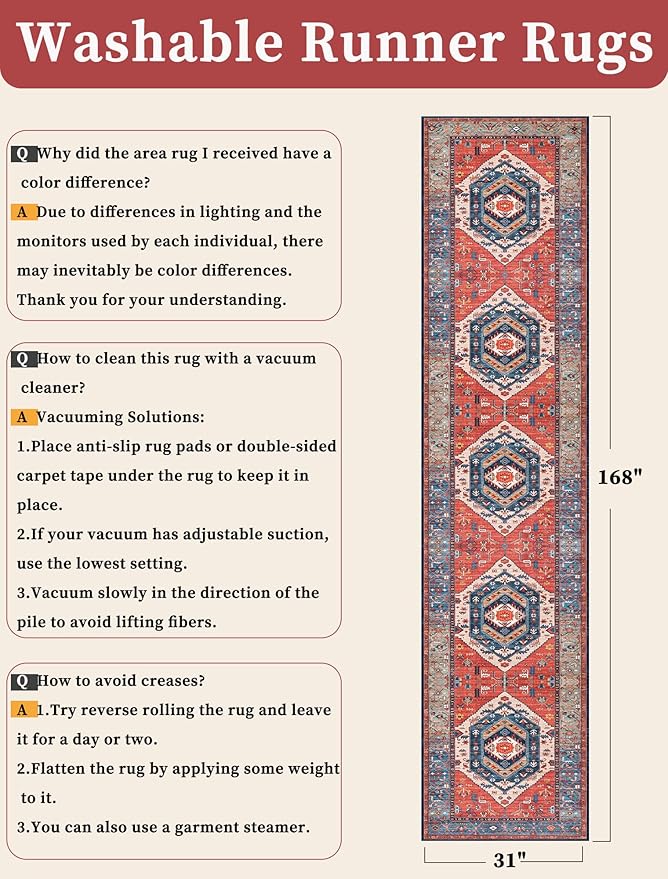 SERISSA Runner Rug for Hallways, 2'6"x14' Washable Non Slip Kitchen Runner Rug, Extra Long Boho Rug Ultra Soft Vintage Rust Print Floor Carpet for Bedroom Hallway Entryway Bathroom Laundry Room