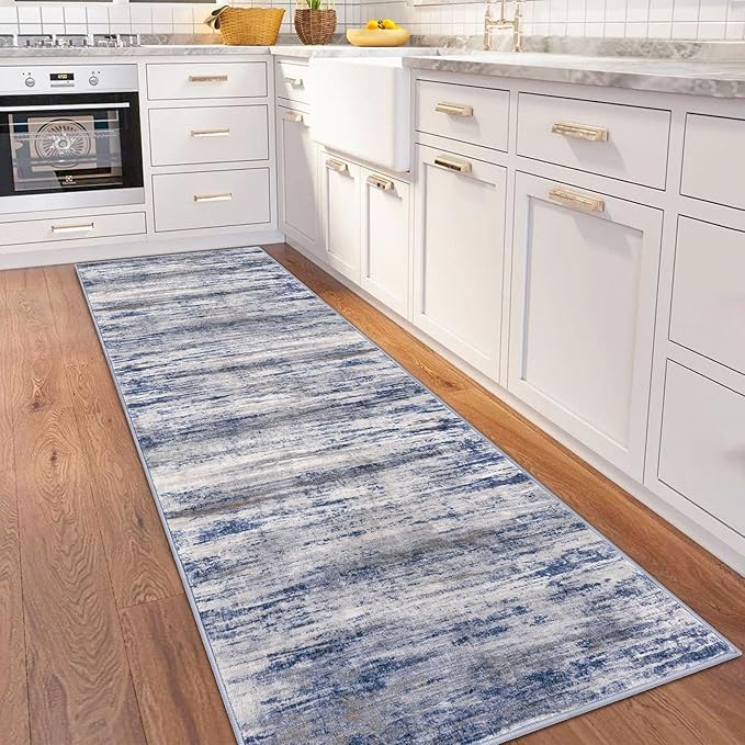 KOZYFLY 3x8 Ft Rug Modern Ombre Runner Rug for Hallway, Washable Kitchen Rugs Non-Slip Soft Striped Entryway Rug, Print Grey-Blue Abstract Carpet for Laundry Nursery