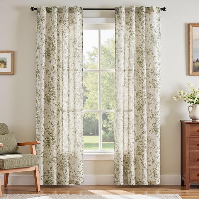 jinchan Linen Floral Curtains 84 Inch Length for Living Room Bedroom Light Filtering Farmhouse Peony Flower Drapes Rustic Window Curtain Set Rod Pocket Back Tab 2 Panels Green