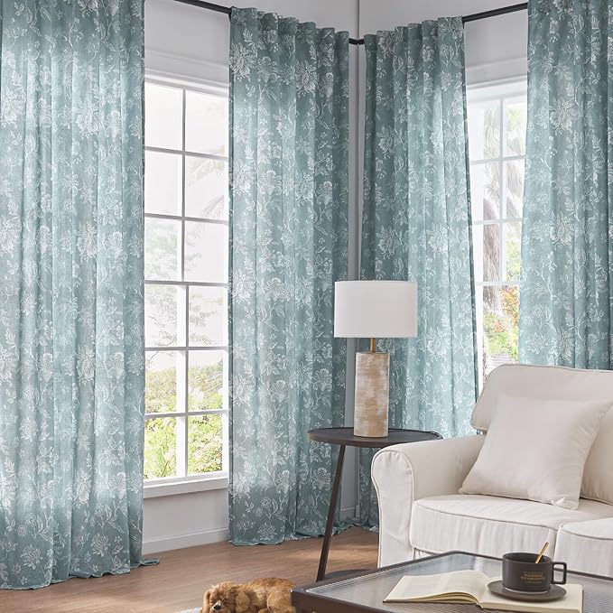 jinchan Linen Floral Curtains for Living Room, 84 Inch Length Curtains with Printed Flower Light Filtering Curtain, Rod Pocket Back Tab Blue Window Treatment Set Bedroom Curtain, 2 Panels Blue