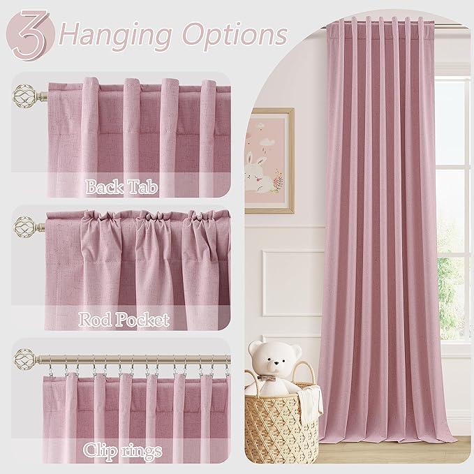 Guken 100% Blackout Curtains 108 Inch Length 2 Panels Set for Living Room Bedroom Back Tab Thermal Insulated Black Out Linen Drapes Room Darkening Rose,52x108