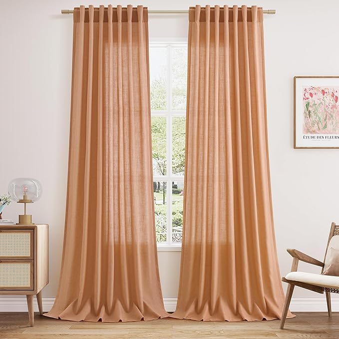 Peach Quartz Linen Curtains 96 Inch Length 2 Panel Set Back Tab Rod Pocket Textured Light Filtering Semi Sheer Boho Aesthetic Burlap Look Drapes for Bedroom and Living Room Decoration 8Ft 52x96 Inch