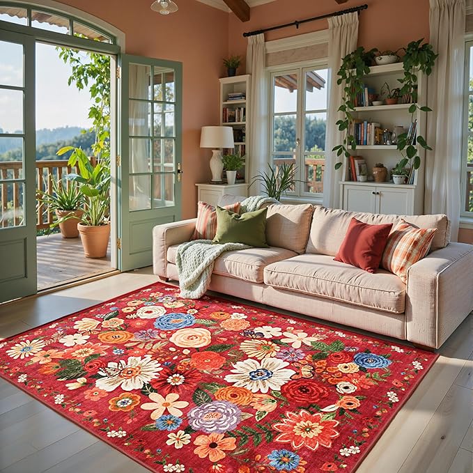 Area Rug 4x6 Rug Washable Boho Rugs Non Slip Low Pile Floral Small Carpet for Bedroom, Bedside, Kids Room, Office, Dining Room(Red Garden, 4 x 6)