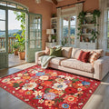 Area Rug 4x6 Rug Washable Boho Rugs Non Slip Low Pile Floral Small Carpet for Bedroom, Bedside, Kids Room, Office, Dining Room(Red Garden, 4 x 6)