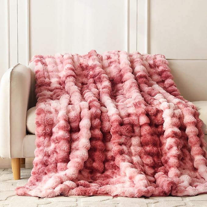 COOVA Faux Fur Throw Blanket for Couch, Cozy Soft and Fuzzy Plush Rabbit Fur Bubble Blanket for Sofa Bedroom Living Room, 60x80 Inches Tie Dye Magenta